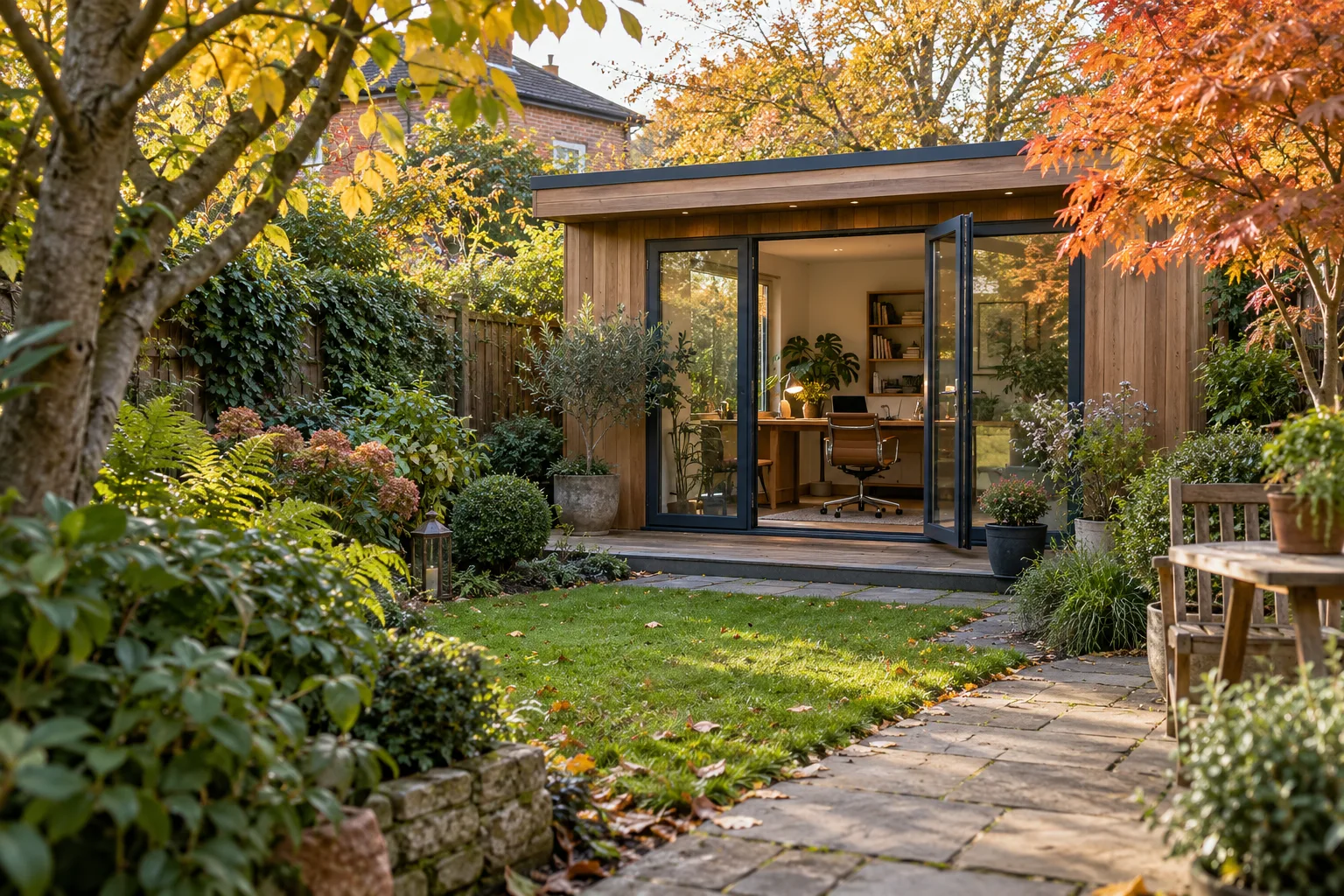 A timber garden office viewed along a garden path, with a desk visible through the open doors.