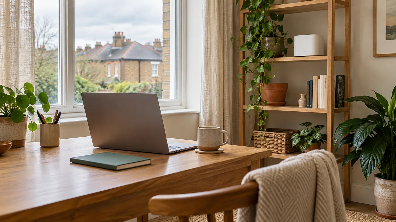 A calm home workspace beside a window, with a laptop and a generic networking device on an open shelf.